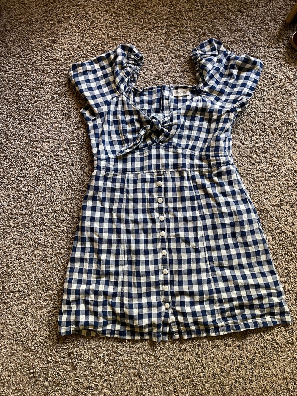 Madewell Blue and White Gingham Tie-Waist Button Dress